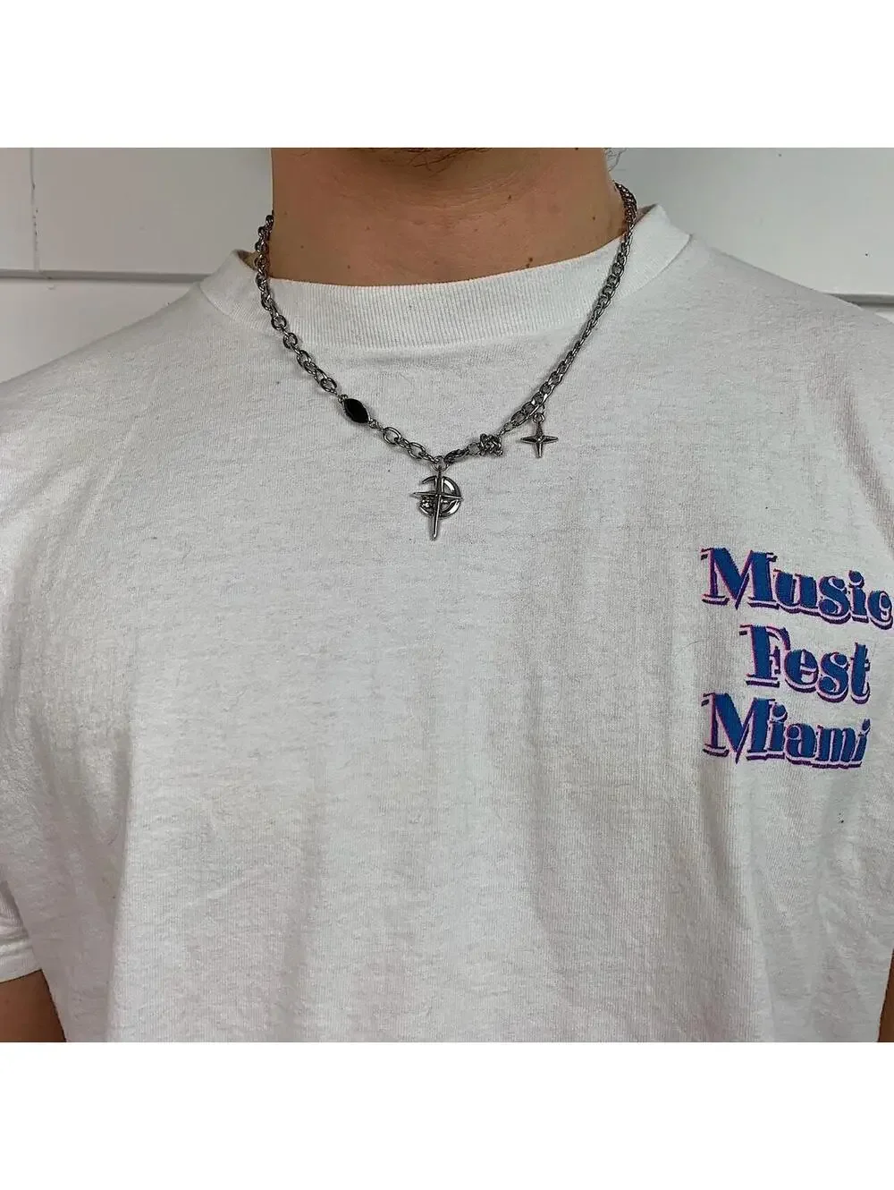 Y2k Cyber 2000s punk grunge crystal cross and opal pendant necklace chain. 20